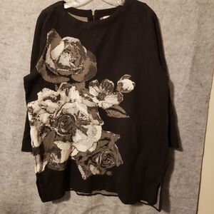 Chico' Women Tunic Top Sweater Size 3 Black Floral all over Print XL Zipper Ring